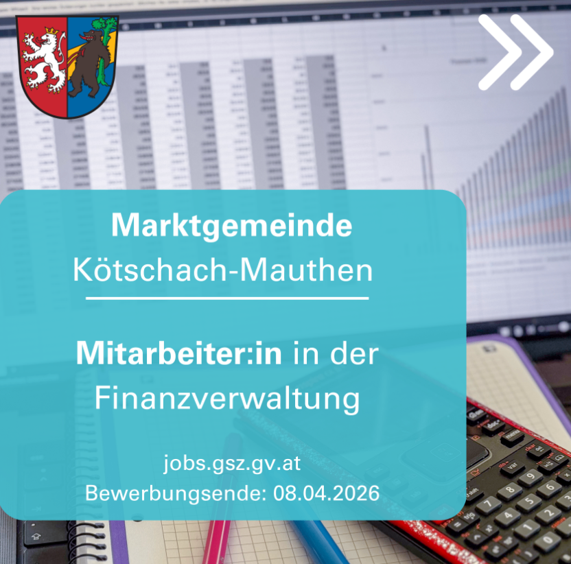 An advertisement for a job opening in the financial administration of the Marktgemeinde Kötschach-Mauthen municipality, with a closing date of 08.04.2026.