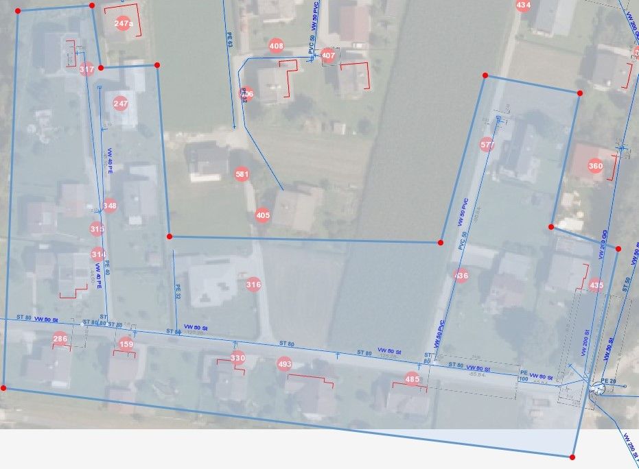 A map showing a residential area with numbered lots and streets, marked with blue lines and red dots. The lots are numbered from 247 to 485.