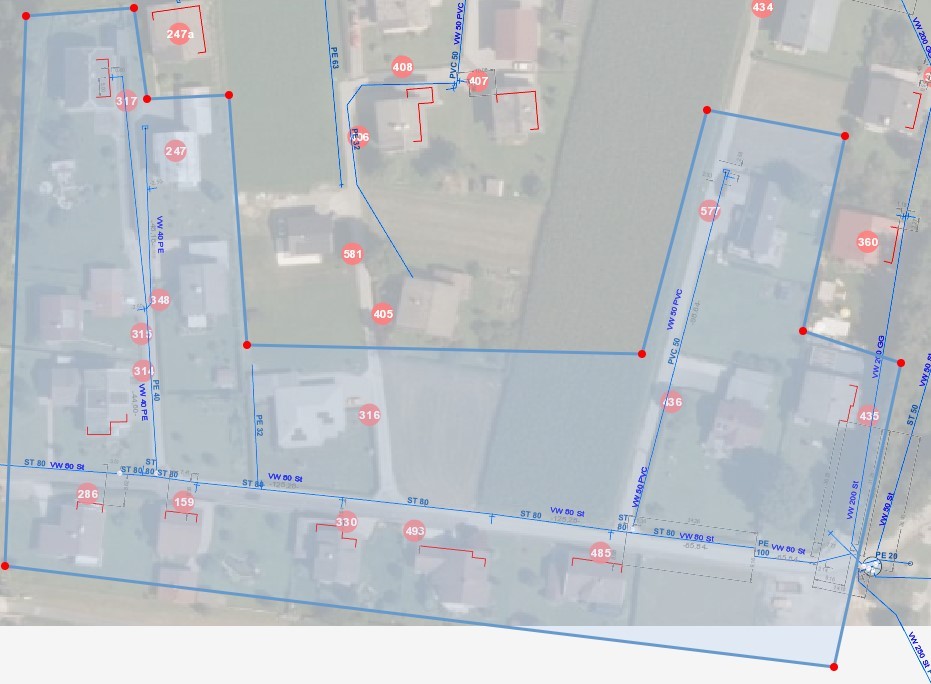 Katasterplan zeigt Grundstücke mit Hausnummern 405, 407, 408, 360, 317, 316, 330 und 485.