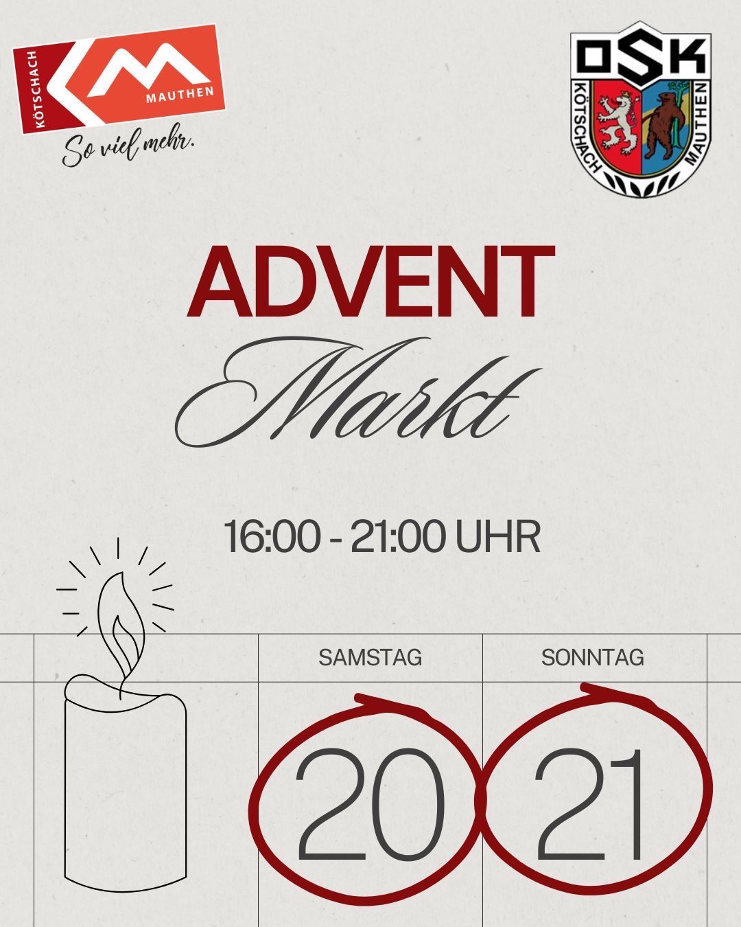 Plakat für den Adventmarkt in Mauthen, Österreich. Zeigt Termine und Zeiten für den Markt, 16:00 bis 21:00. Enthält ein Kerzensymbol und Stadtlogo.