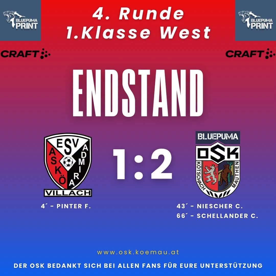 Ergebnisposter für ein Fußballspiel der 4. Runde der 1. Klasse West Liga. ESV Admira Villach erzielte 1 Tor, während DSK Mauthen 2 Tore erzielte. Das Spiel wurde auf einem lila und blauen Hintergrund gespielt. Sponsoren Craft und Bluepuma Print sind abgebildet.