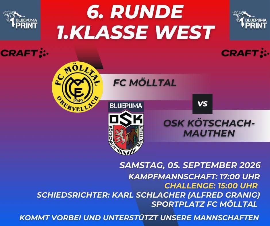 Poster for the 6th round of the 1st Class West football match between FC Molltal and OSK Kotschach Mauthen on September 5th, 2020.