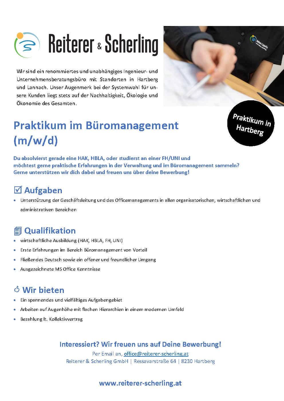 The image shows an advertisement for an internship in office management. It offers practical experience in management and office management. Requirements include a vocational qualification, basic experience, fluent German, and MS Office skills. The company provides a diverse work environment, flat hierarchies, and a collective agreement.
