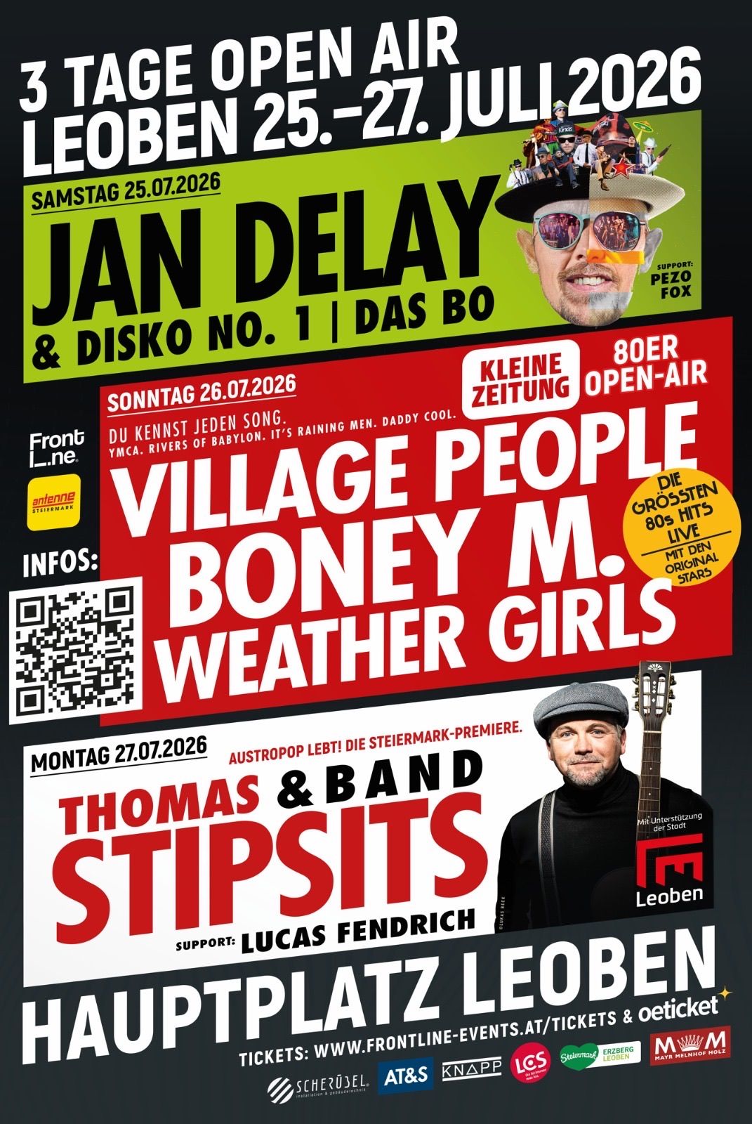 Poster for a music event featuring Jan Delay and Disko No. 1, Village People Boney M. Weather Girls, and Thomas & Band with a QR code for more information.
