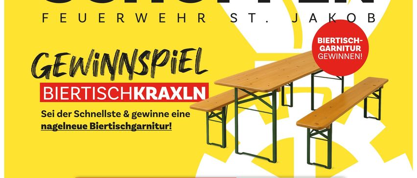 Plakat für die Fruehschopppen-Veranstaltung am 13. Juli 2025. Zeigt eine Holzbank, einen gelben Hintergrund und Logos von Sponsoren und Partnern. Der Text ist in Deutsch.