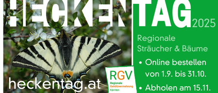 Das Bild zeigt einen Schmetterling mit weißen und schwarzen Flügeln und gelben Flecken vor einem grünen Hintergrund. Es enthält Text zur Förderung regionaler Hecken und zur Online-Registrierung sowie Logos einer regionalen Organisation und einer Kampagne.
