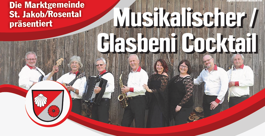 Eine Gruppe von Musikern posiert für ein Foto vor einer Holzwand, mit dem Text 'Marktgemeinde Jakob/Rosental sentiert' oben.
