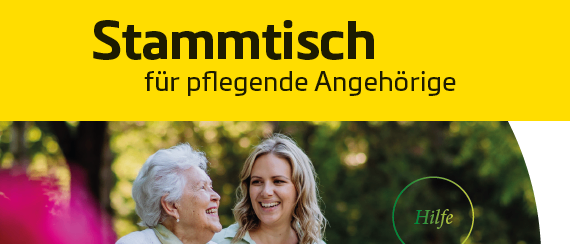 Zwei Frauen stehen in einem Garten, eine älter und eine jünger, lächeln und genießen die Gesellschaft der anderen. Der Hintergrund ist ein farbenfroher Garten mit verschiedenen Blumen. Das Bild hat einen gelben Rand und die Worte Stammtisch für pflegende Angehörige sind oben angezeigt. Das Wort Hilfe ist in einem grünen Kreis hervorgehoben.