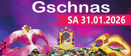 Plakat für Gschnas-Veranstaltungen. Termine sind 16., 17., 23., 24. und 31. Januar 2026. Veranstaltungsort ist das Kulturhaus St. Jakob i.R. Beginn: 19:30 Uhr. Kartenverkauf Kontakt: 0681 106 797 54. Mit Masken und Konfetti. Sponsoren sind Gasanstalt-Heizungstechnik und Volksbank.