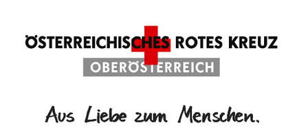 Das Logo des Österreichischen Roten Kreuzes in Oberösterreich. Ein rotes Kreuz befindet sich über dem Text 'Osterreichisches Rotes Kreuz Oberosterreich', mit dem Motto 'Aus Liebe zum Menschen' darunter.