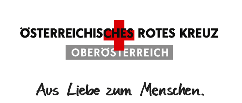 Das Logo des Österreichischen Roten Kreuzes in Oberösterreich. Ein rotes Kreuz befindet sich über dem Text 'Osterreichisches Rotes Kreuz Oberosterreich', mit dem Motto 'Aus Liebe zum Menschen' darunter.