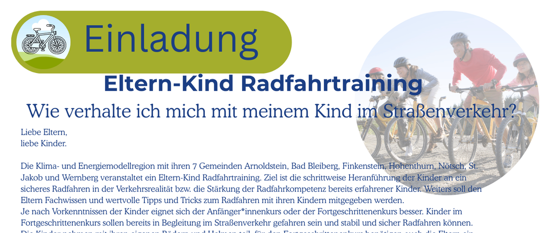 Ein Bild eines Flyers für ein Fahrradtraining für Kinder im Alter von 6 bis 7 Jahren. Der Flyer enthält Details zum Datum, zur Uhrzeit und zum Ort der Veranstaltung. Es gibt auch Informationen zum Trainingsplan, zur Gruppengröße und zum Anmeldeprozess. Der Flyer zeigt ein Foto eines Kindes, das Fahrrad fährt.