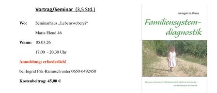 Poster für ein Seminar zur Familiensystemdiagnostik. Es enthält Details wie Datum, Uhrzeit und Ort sowie Kosten von 45 Euro. Das Seminar lehrt die Teilnehmer, wie man 'Spuren' in Familiengeschichten findet und warum Dinge unerwartet passieren.