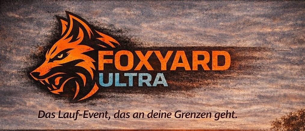 Plakat für Ultralauf-Event am 25. April 2026. Drei Läufer sind in einem nebligen Feld mit einem goldenen Pokal und Logo abgebildet. Details umfassen Datum, Ort und Distanz.