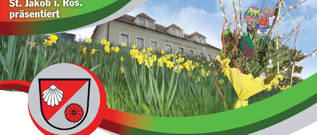 Plakat für die St. Jakober Osterbasar-Veranstaltung im Kulturhaus St. Jakob i.Ros. Samstag, 28. März 2026, ab 10 Uhr. Zeigt Handwerk von Trachtfrauen St. Jakob, einschließlich Palmblätter, Korbflechterei und traditionelle Tischdecken. Präsentiert handgefertigte Osterkörbe, Körbe und dekorative Gegenstände.