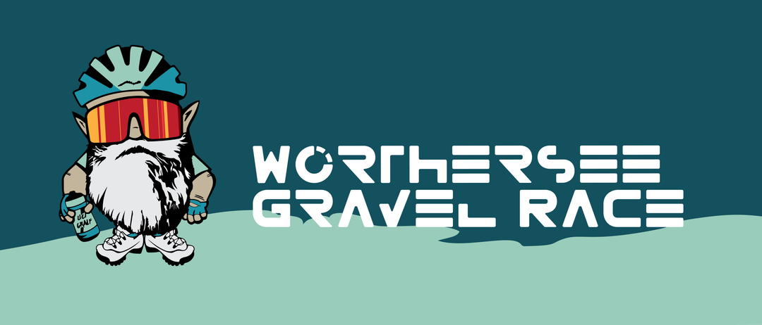 Ein türkisfarbener Banner mit weißem Text lautet Worther Gravel. Ein wolkenähnliches Symbol befindet sich unterhalb des Textes.