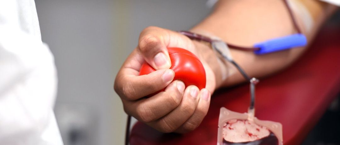 Eine Hand drückt einen roten Ball, um Blut in einen Beutel zu ziehen, der mit einer Infusion verbunden ist.