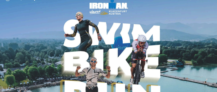 Plakat für Ironman Austria 2026. Es zeigt einen Schwimmer, einen Radfahrer und einen Läufer. Die Veranstaltung findet am 14. Juni 2026 statt. Das Plakat hat einen malerischen Hintergrund mit See und Bergen.