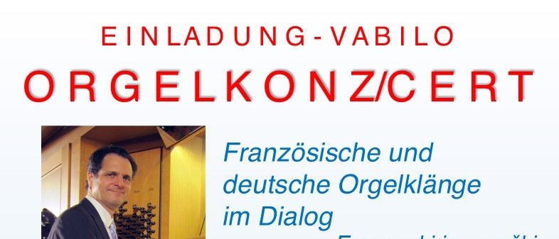 Ein Plakat für ein klassisches Musikevent mit Elmo Cosentini, der französische und deutsche Orgelstücke spielt. Das Event ist für den 7. August 2026 um 20:30 Uhr geplant.