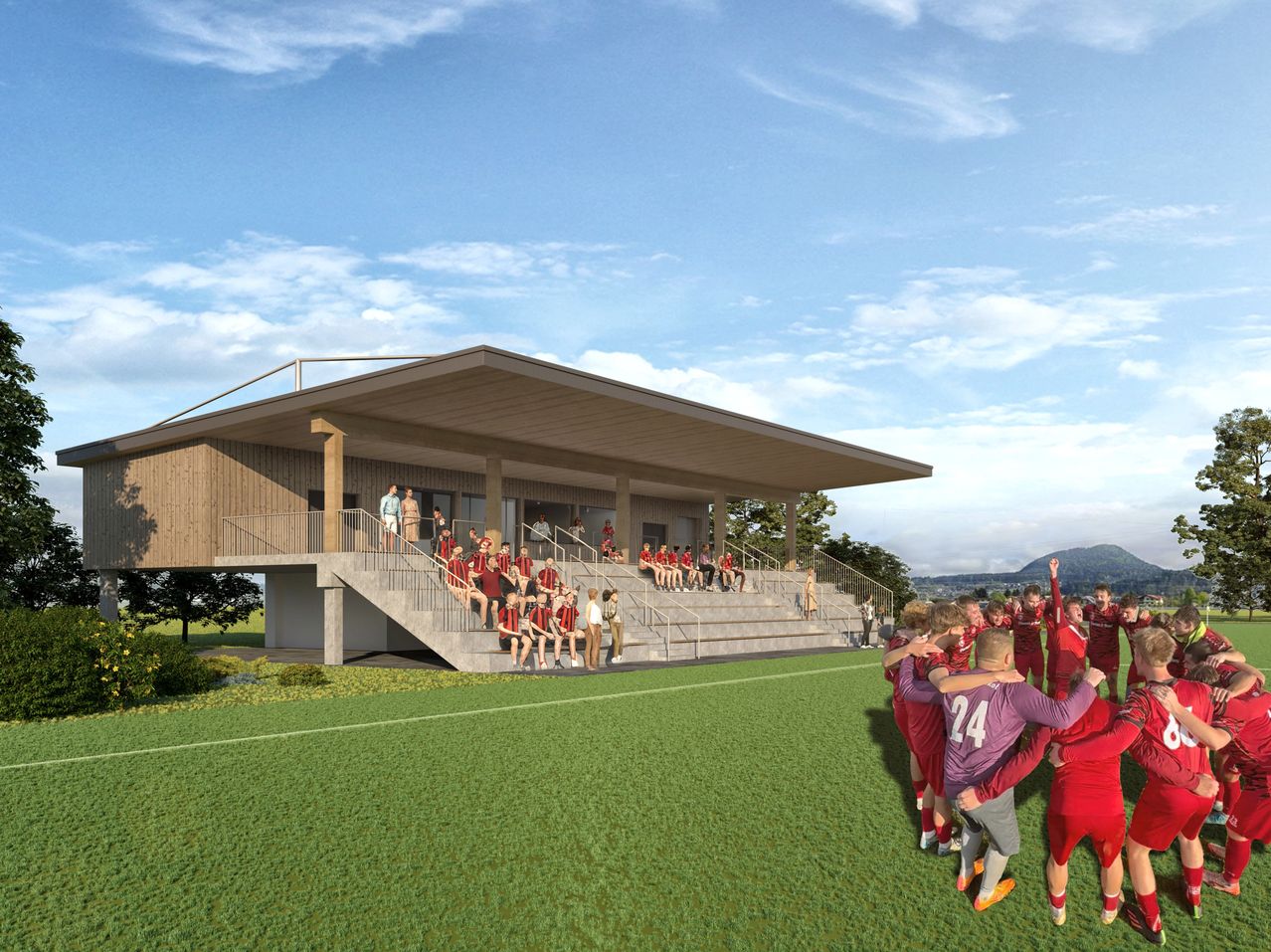 Eine Darstellung einer Sportanlage mit modernem Design. Spieler in roten Trikots feiern auf dem Feld.