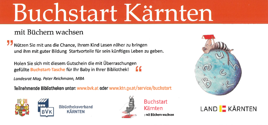 Plakat für Buchstart Kärnten, das ein Leseprogramm für Kinder fördert. Zeigt eine Illustration eines Buches, einer Maus und erzieherischen Text in Deutsch.