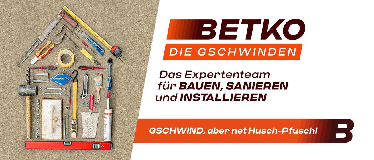 Eine Werbung für BETKO, ein Expertenteam für Bauen, Sanieren und Installieren. Es betont Geschwindigkeit, aber keine Sicherungen.