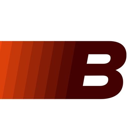 Ein Logo mit dem Buchstaben B in dunkelrot, darunter orange-rote Streifen auf weißem Hintergrund.