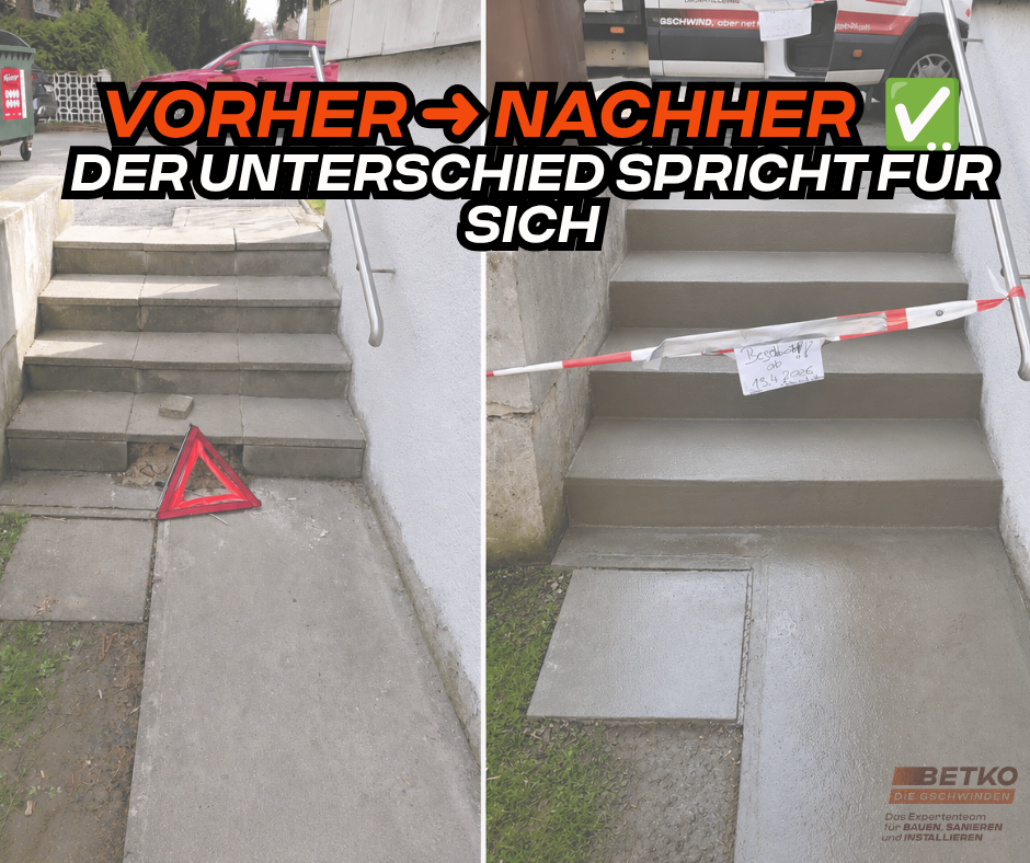 Before and after image of concrete steps. Before has a broken step and a triangle warning sign. After shows clean steps and a warning sign.