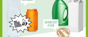 Ein Infografik zeigt Flaschen, Dosen und Kartons mit grünem Hintergrund. Der Text besagt, 'Wir gehören in den gelben Sack/in die gelbe Tonne'. Es erwähnt Recycling und Handhabung. Gegenstände umfassen eine Wasserflasche, eine Dose, eine Flasche Waschmittel und einen Milchkarton. Die grüne Tonne ist für leichte und metallische Verpackungen.