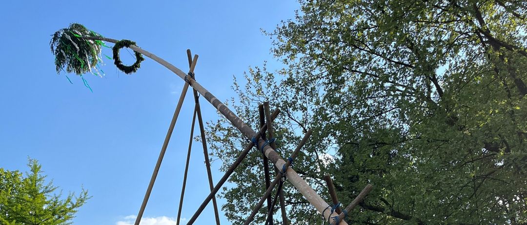 Eine Gruppe von Menschen hebt einen langen Holzpfahl mit einem Kranz auf der Oberseite in einem Grasfeld mit Bäumen und blauem Himmel.