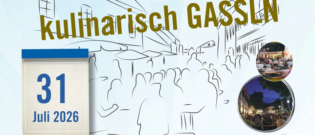 Ein Plakat für eine Veranstaltung am 31. Juli 2026 auf dem Hauptplatz in Bad Waltersdorf. Beinhaltet lokale Musiker, einen Aufruf für ein thematisches Taxi und eine Liste von Partnerunternehmen.
