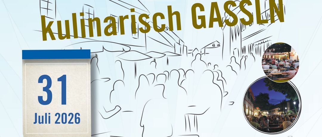 Ein Plakat für eine Veranstaltung am 31. Juli 2026 auf dem Hauptplatz in Bad Waltersdorf. Beinhaltet lokale Musiker, einen Aufruf für ein thematisches Taxi und eine Liste von Partnerunternehmen.