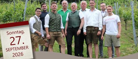 Plakat für das traditionelle Weinfest und Erntedank in Bad Waltersdorf am 27. September 2026. Beinhaltet einen Zeitplan mit Musikauftritten und Weinverkostung.