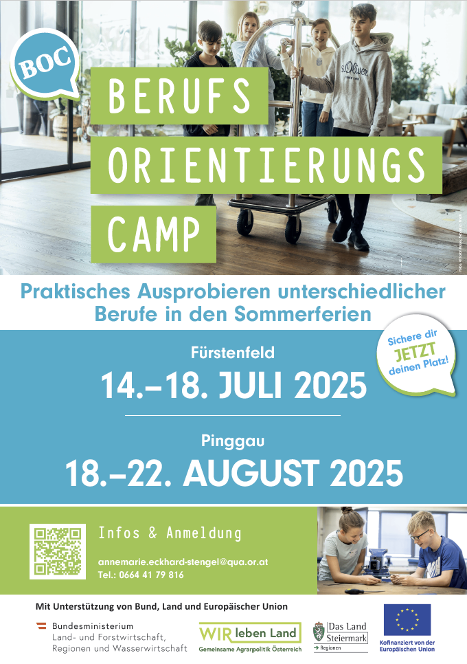 Plakat für ein Berufsorientierungscamp mit Bildern von Menschen in verschiedenen Arbeitsumgebungen und Terminen für die Sommer- und August-Sessions. Kontaktinformationen und ein QR-Code sind ebenfalls enthalten.