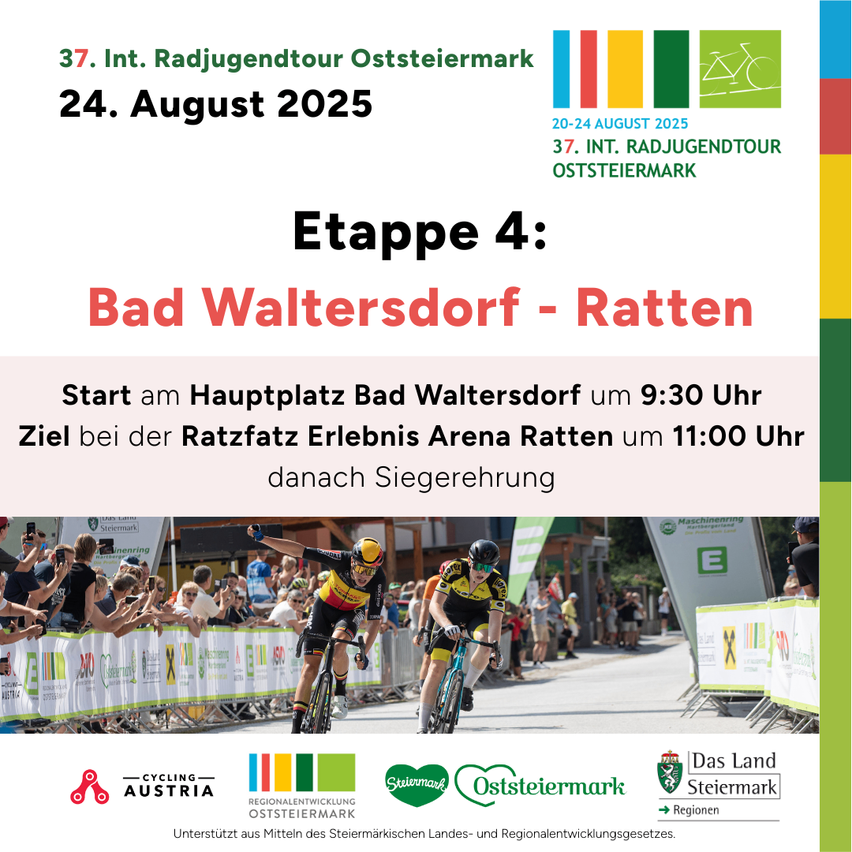 Plakat für die 37. Internationale Radjugendtour in der Steiermark, Österreich. Etappe 4 von Bad Waltersdorf nach Ratten, Start am 24. August 2025. Mit Radfahrern auf Fahrrädern, jubelnden Zuschauern und Logos der Sponsoren.