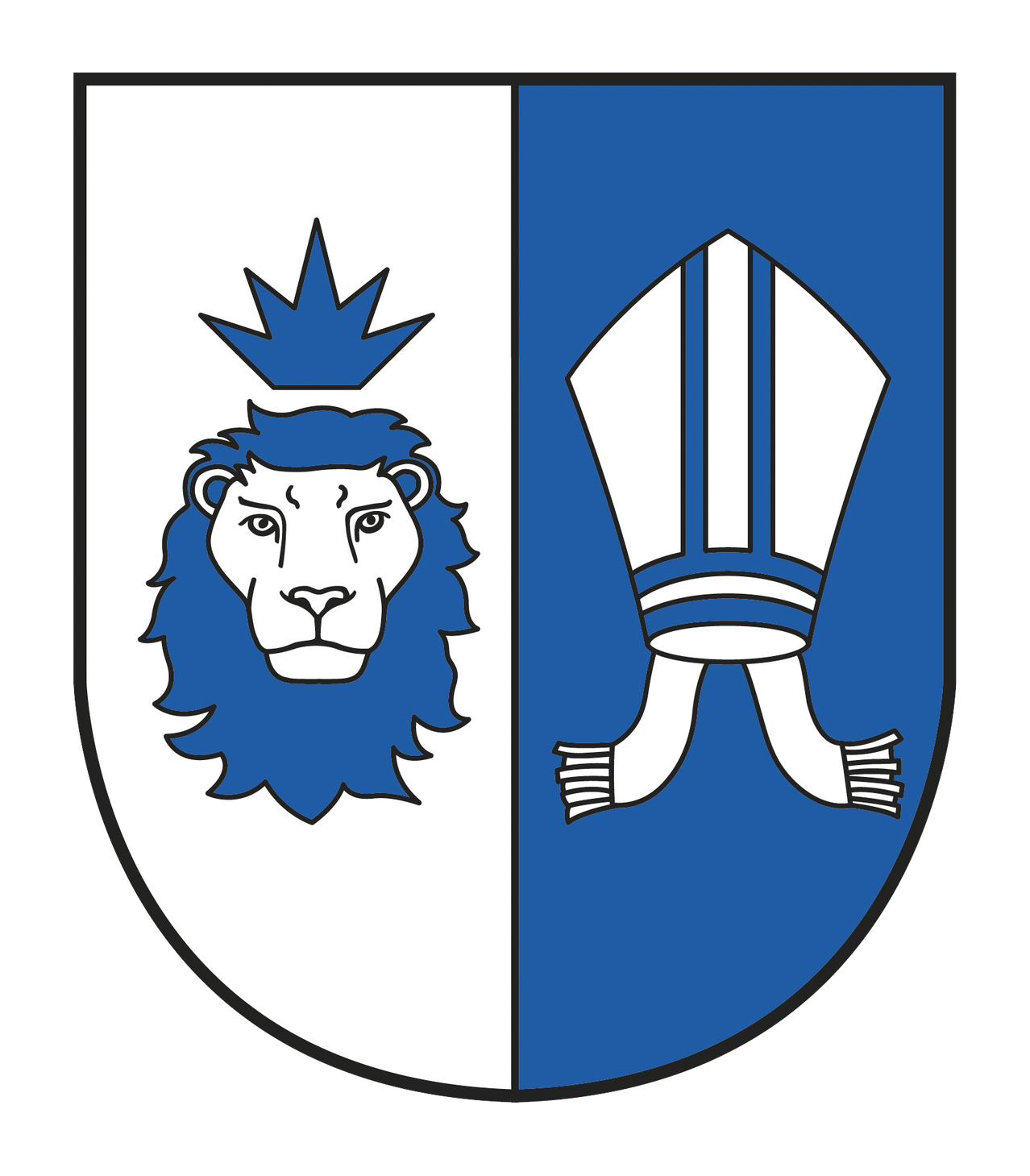 Ein blauer Löwe mit Krone auf weißem Hintergrund und Bischofsmütze auf blauem Hintergrund.