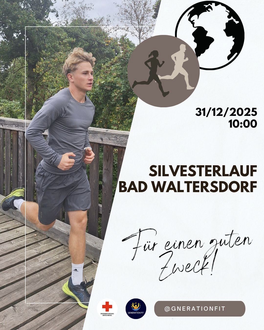 Ein Läufer in grauer Sportbekleidung läuft auf einer Holzbrücke mit Waldhintergrund. Das Bild bewirbt einen Silvesterlauf in Bad Waltersdorf, geplant für den 31. Dezember 2025 um 10:00 Uhr.