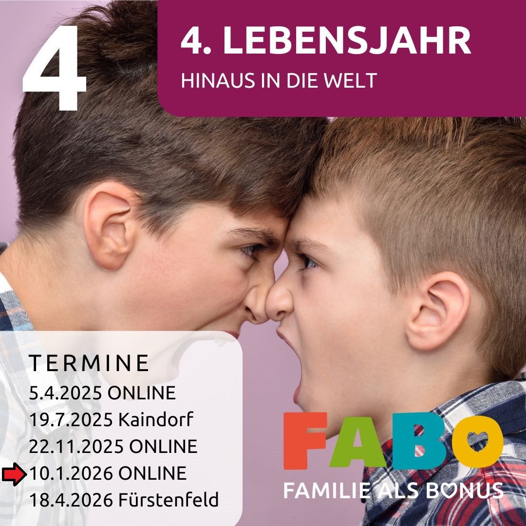 Werbung für einen Kurs mit dem Titel 4. Lebensjahr, mit zwei Jungen, die streiten, Daten und Orte für Online- und Präsenzveranstaltungen.