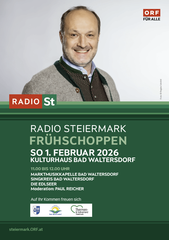 Eine Werbung für Radio Steiermark Fruhshoppen am 1. Februar 2026. Es zeigt einen Mann mit Schnurrbart und Bart, der lächelt, einen grauen Pullover mit grünem Kragen und einen rot gemusterten Schal trägt. Die Veranstaltung findet im Kulturhaus Bad Waltersdorf statt, Beginn um 11:00 Uhr. Moderiert von Paul Reicher.