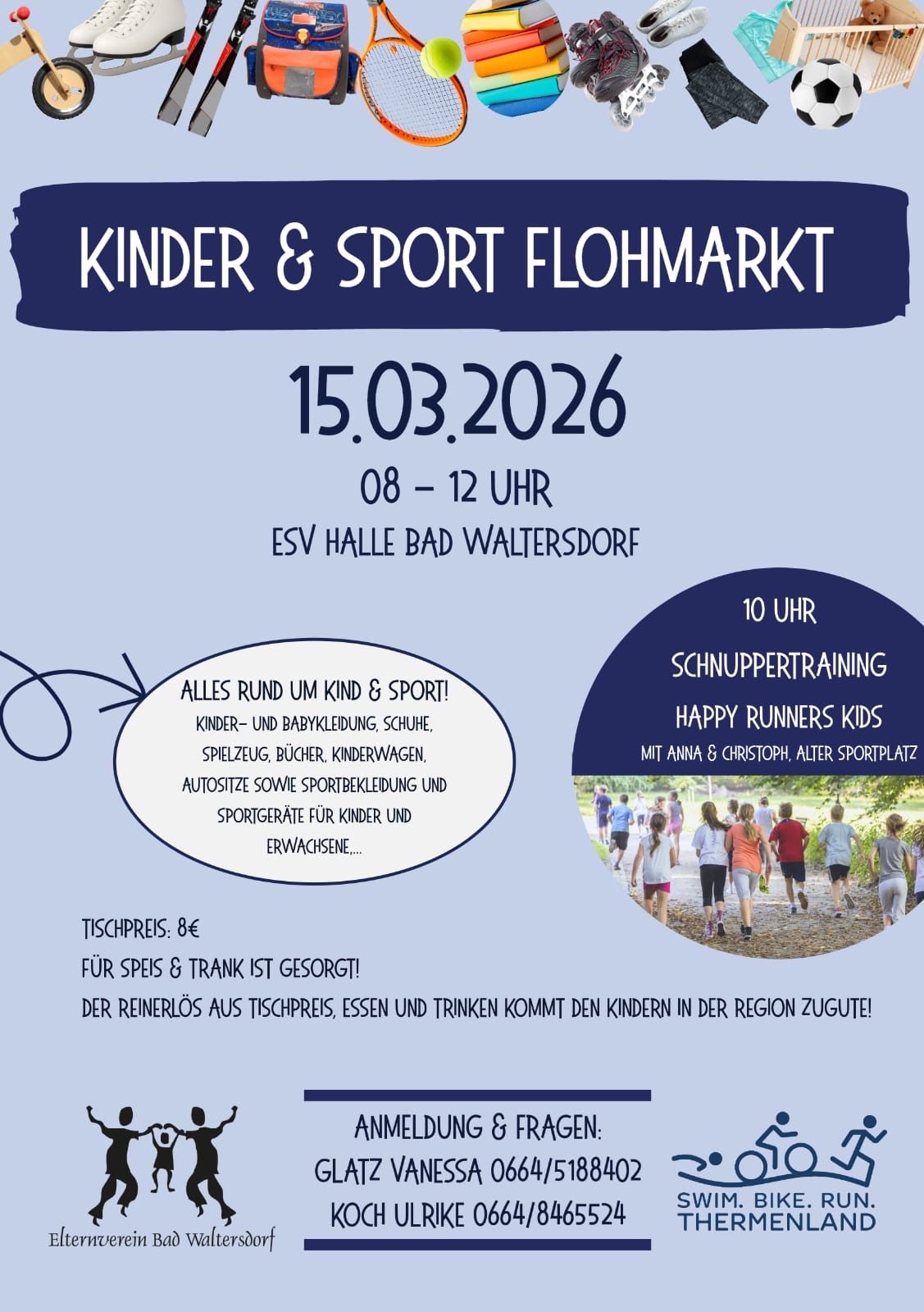 Plakat für Kinder- und Sportflohmarkt am 15.03.2026. 08-12 Uhr bei ESV Halle Bad Waltersdorf. Aktivitäten umfassen Spiel, Bücher, Kinderwagen, Autofahrten, Sportgeräte und Sportspiele für Kinder und Erwachsene. Happy Runners Kids mit Anna und Christoph. Gebühr 8€.