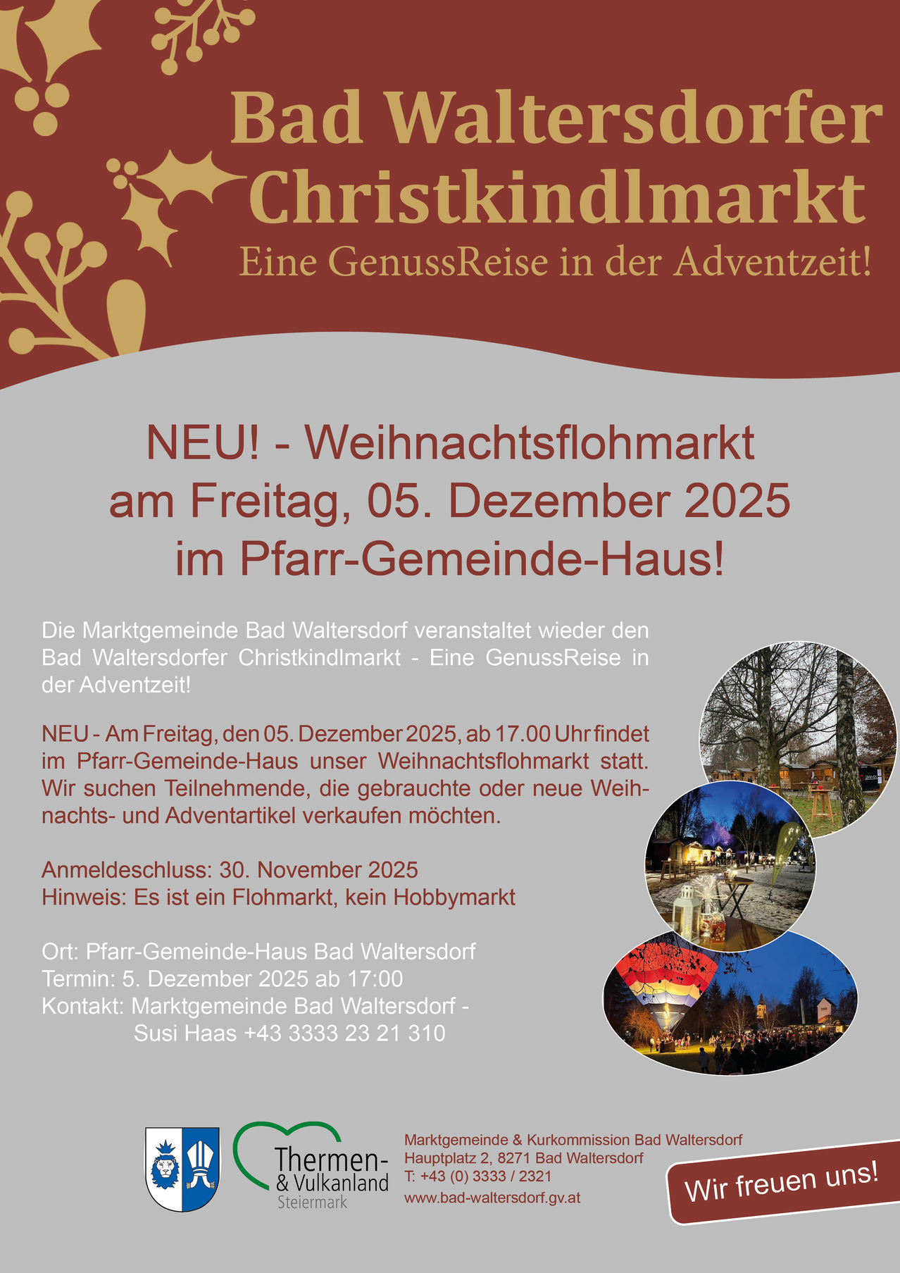 Plakat für den Bad Waltersdorfer Weihnachtsmarkt, kündigt einen neuen Weihnachtsflohmarkt am Freitag, 5. Dezember 2025 an. Details umfassen Anmeldeschluss, Veranstaltungsort und Kontaktinformationen.