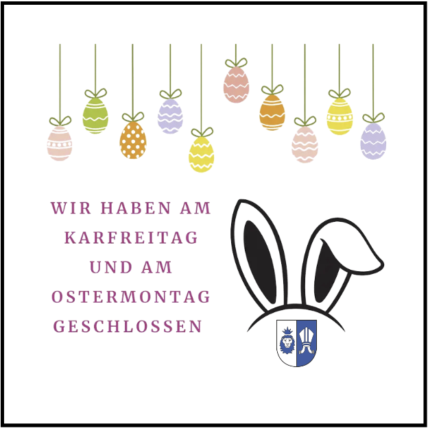 A banner with hanging Easter eggs, a rabbit illustration, and the text 'Closed on Good Friday and Easter Monday'. The banner has a white background and black border.
