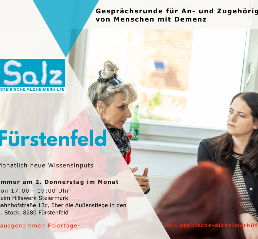 Alzheimer's discussion on the 2nd Thursday of the month, 17:00-19:00. Hilfswerk Steiermark, Hofstraße 13c, Fürstenfeld. New insights taken on holidays. www.steirisches-alzheimerhilfe.org.