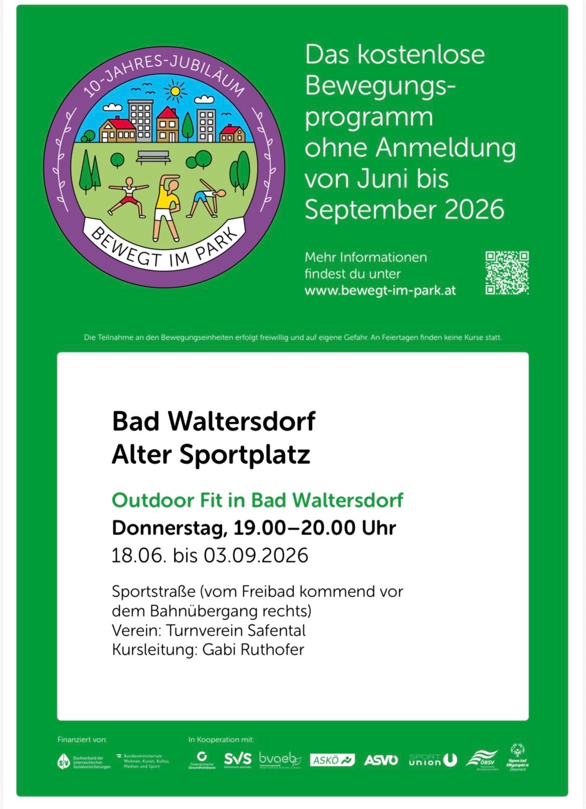 Outdoor-Fitness-Event in Bad Waltersdorf vom 18.06. bis 03.09.2026. Donnerstags, 19.00-20.00 Uhr. Ort: Sportstraße. Veranstalter: Turnverein Safental, Leitung: Gabi Ruthofer.