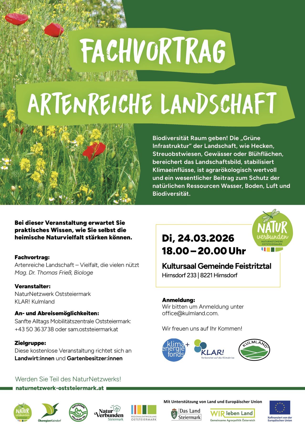 Poster advertising an event on species-rich landscapes, featuring a meadow with diverse flowers. The poster includes a date, time, location, and registration information. It highlights the importance of biodiversity and the role of landscapes in climate protection.