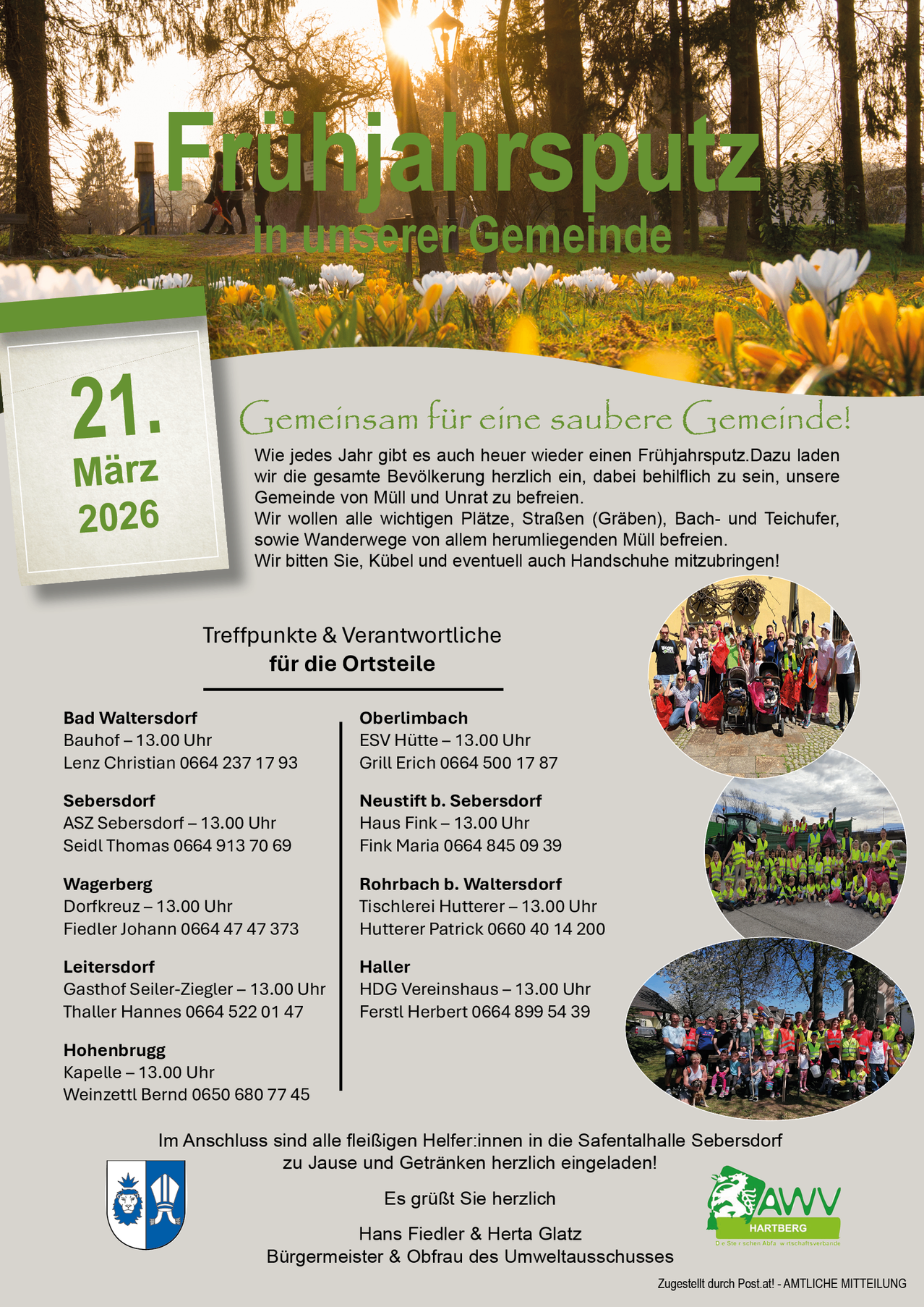 Der Flyer kündigt eine jährliche Frühjahrsputzaktion in der Gemeinde an, geplant für den 21. März 2026. Verschiedene Orte und Zeiten für die Reinigung werden aufgeführt, zusammen mit Kontaktdaten der Koordinatoren. Der Flyer zeigt eine Collage von Bildern, die Menschen bei der Reinigung darstellen.