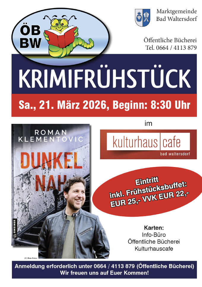 Eine Anzeige für 'Krimifrühstück' im Kulturhaus Cafe am Samstag, 21. März 2026, Beginn: 8:30 Uhr. Ein Mann lächelt vor einem Buchcover mit dem Titel 'Dunkel Nah'. Ticketpreise sind EUR 25, inklusive Frühstück.