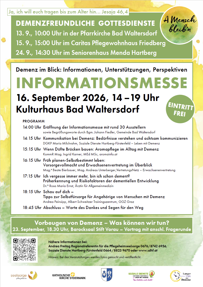 Poster for an informational event on dementia, featuring a schedule of talks and workshops, with dates and times listed, and a QR code for more information.