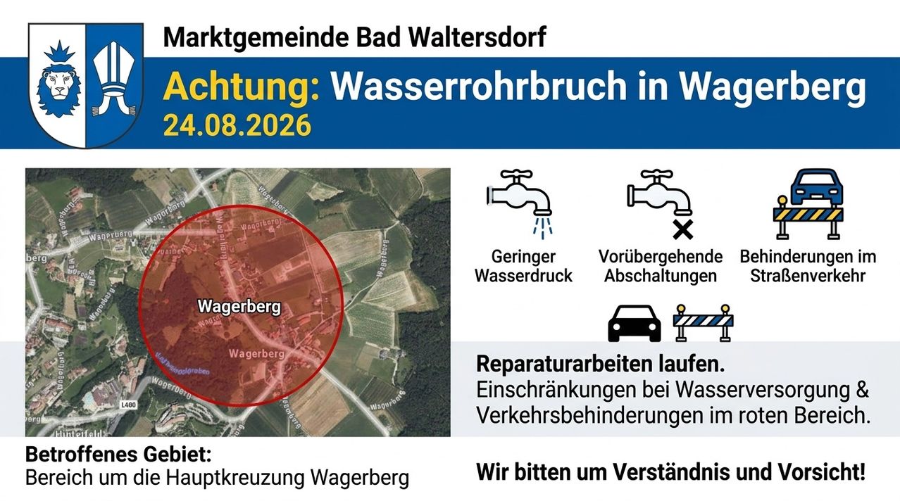 Eine Mitteilung der Gemeinde Bad Waltersdorf über einen Wasserrohrbruch in Wagerberg am 08.2026. Sie enthält eine Karte mit einem umkreisten Gebiet, Symbole eines Wasserhahns mit einem Kreuz und eines Autos mit einem Stoppschild und erwähnt niedrigeren Wasserdruck, vorübergehende Abschaltungen und Verkehrsbehinderungen.