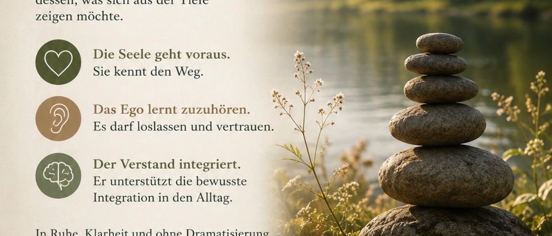 Ein ruhiges Bild eines Steinstapels am Ufer eines ruhigen Sees mit einem Berg im Hintergrund. Die Steine sind pyramidenförmig angeordnet und symbolisieren Gleichgewicht und Stabilität. Das Wasser ist ruhig und spiegelt den Himmel und die Bäume wider. Die Szene ist friedlich und meditativ.
